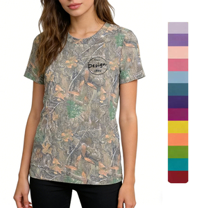 Camiseta de Verano para Mujer, Cuello Redondo, Estilo Básico, Manga Corta, Corte Ajustado, Estampado de Camuflaje Completo, Precio al por Mayor de Fábrica - Product Image 1
