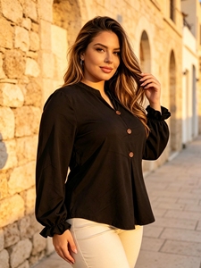 Chemisier ample à col en V et boutons pour femme grande taille, manches longues lanternes, ourlet fluide, décontracté, idéal pour le bureau, le quotidien, les trajets et les sorties - Product Image 2