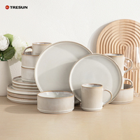 Kitchen Modern Dinning Dishware 16 Pcs Luxury Reactive Glaze White Embossed Stoneware Dishes Plates Ceramic Dinnerware Set for 4