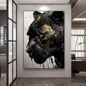 Pintura de animales de lujo moderna, lienzo de <span class=keywords><strong>Pantera</strong></span> de oro negro, póster impreso, pared de salón para dormitorio, Mural artístico decorativo - Product Image 1