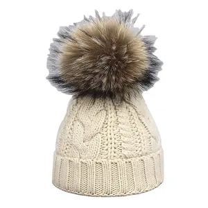 Di Modo delle signore Nuovi Cappelli di Inverno di lusso di grandi dimensioni procione collo di Pelliccia di Volpe Pom Pom Donne del Knit di Inverno Del Cappello Del Crochet Del Beanie Bobble Sci cappelli