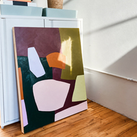 Peinture abstraite géométrique peinte à la main, nature morte, formes bordeaux, olive, bleu pâle, orange, art mural sur toile pour la décoration d'hôtel
