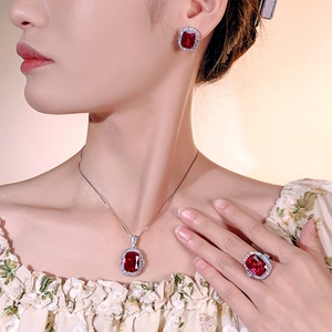 Hot Selling Eco-friendly Copper 12*16/10*12MM Red Zircon Square Necklace <b>Earrings</b> Ring Jewelry Sets for Wedding Bridal Party - Product Image 6