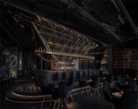 Concept d'intérieur de bar-restaurant 3D, plan de conception de comptoir de bar industriel pour boîte de nuit, ensemble moderne de table et de chaises pour bar