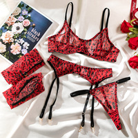 Ensemble de lingerie sexy rouge léopard avec bas, soutien-gorge push-up à armatures, 4 pièces, cadeau exotique pour la Saint-Valentin, tailles S-L