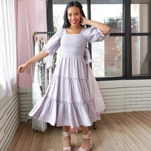 2024 European American Ebay Casual 'Floral Square Neck' Mother-<strong>Daughter</strong> Family <strong>Dress</strong> 'Regular Sleeve' 'Princess Skirt' Summer - Product Image 3