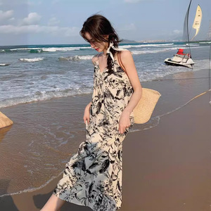 2025 nuovo abito da spiaggia floreale con spalline sottili francesi per <span class=keywords><strong>donna</strong></span> elegante estate capispalla di alta qualità pittura a inchiostro Texture Casual - Product Image 2
