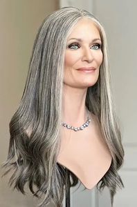 วิกผมยาวแบบไม่ต้องใช้กาวติด  ทำจากผมแท้ Remy  พร้อมเชือกผูกด้านหน้าแบบโปร่งใส HD  <span class=keywords><strong>สี</strong></span><span class=keywords><strong>เทา</strong></span>ไฮไลท์ สำหรับผู้หญิง - Product Image 3