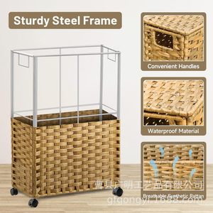 <b>Collapsible</b> Rattan Laundry Basket With Wheels Rectangle Brown Gray Coffee Color Non-Woven Fabric Liner Standing Type Clothing - Product Image 4