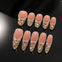 Faux ongles Baolun faits main de luxe, dégradé rose nude, courts, ovales, avec strass dorés et argentés, French manucure, couvrance totale, avec colle