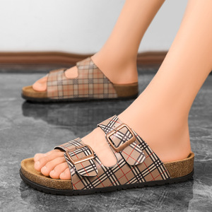 Designer Plaid Pattern Artificial Leather Slides slippers Open Toe Cork <b>Insole</b> Rubber Sole Fashion Summer men's slide Slippers - Product Image 3
