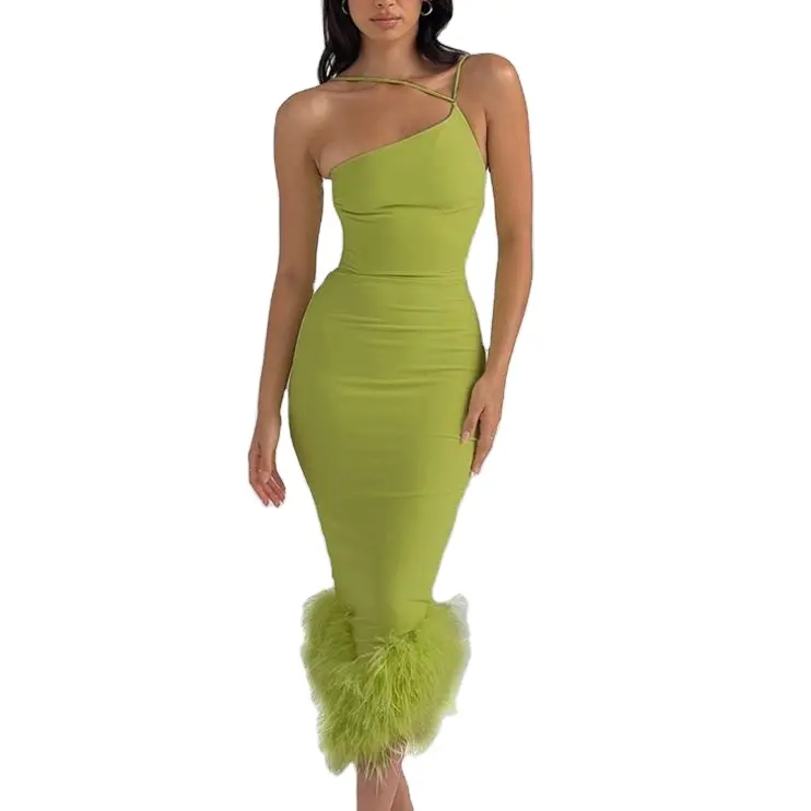 Leverancier Kleding Groene Één Schouderband Vestidos Bont Bodycon Jurk Dame Elegante Gebreide Fishtail Lange Jurk