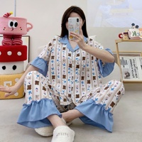 Nouvelle collection été-automne : Ensemble de pyjama pour femme en coton mousse, avec cardigan à manches courtes, imprimé dessin animé, manches à volants et taille élastique.