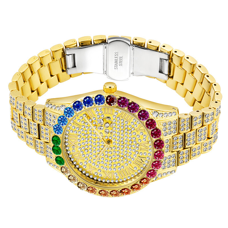 Fashion Iced Out Round Dial Men Wrist Watch Luxury Silver Gold Diamond Hip Hop Jewelry Roman Number QuartzWatches