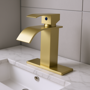 Grifo de Lavabo Monomando Dorado con Caño en Cascada, Diseño Moderno, Acabado Cepillado, Instalación de un Solo Orificio - Product Image 2