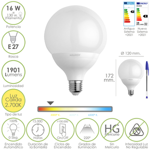 Bombilla LED E27 de Rosca con Forma de Globo. 16 vatios. Equivalente a 130 vatios. 1901 lúmenes. Blanco Cálido (2700K). - Product Image 1