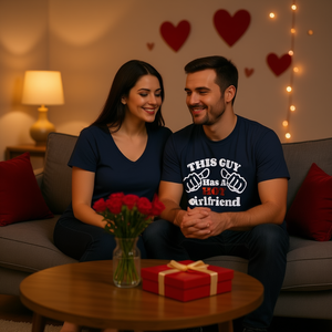 Maglietta con stampa 'This Guy Has A Hot Girlfriend', regalo divertente per anniversario, per fidanzato, San Valentino - Product Image 1