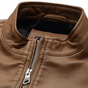 <b>Men</b> Genuine <b>Leather</b> Heated <b>Jacket</b> Mandarin Collar Zipper Closure Casual Slim Fit Winter Wear Light <b>Brown</b> Color Regular Front - Product Image 6