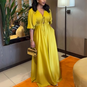 J6520 <span class=keywords><strong>Abito</strong></span> Estivo alla Moda per Donna, Casual e Sexy con Scollo a V e Lacci, <span class=keywords><strong>Mezza</strong></span> <span class=keywords><strong>Manica</strong></span>, Tinta Unita, Vestito <span class=keywords><strong>Lungo</strong></span> da Donna - Product Image 2