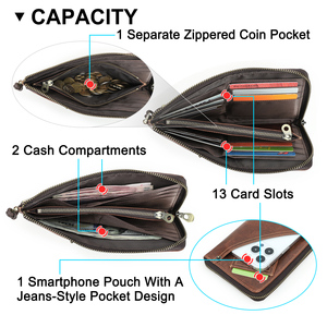 Cartera de Cuero de Grano Completo Aceitado para <span class=keywords><strong>Hombre</strong></span>, con Bloqueo RFID, Cierre de Cremallera, Diseño de Bolsillo para Jeans, Gran Capacidad, Compatible con Teléfonos de 6.9 Pulgadas - Product Image 5