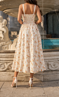 Robe midi rose à fleurs pour femme, corsage structuré, sans manches, jupe fluide fendue sur le côté, fournisseur de marque privée pour boutiques de villégiature