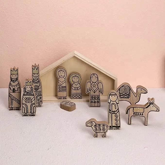 Minicasa de madera con 11 figuras diferentes, conjunto de escena de Natividad navideña, ornamento para regalo de Navidad