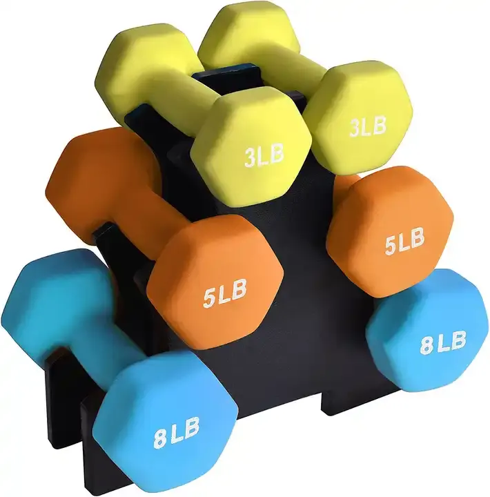 Grosir berat 3/5/8LB dilapisi Hex Dumbbell Set dengan rak berdiri latihan kebugaran Dumbbell untuk peralatan Gym rumah