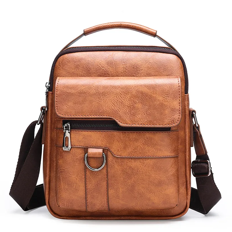 Custom Khaki Brand One Shoulder Handbag PU Leather Horizontal Fashionable Business Bag for Men