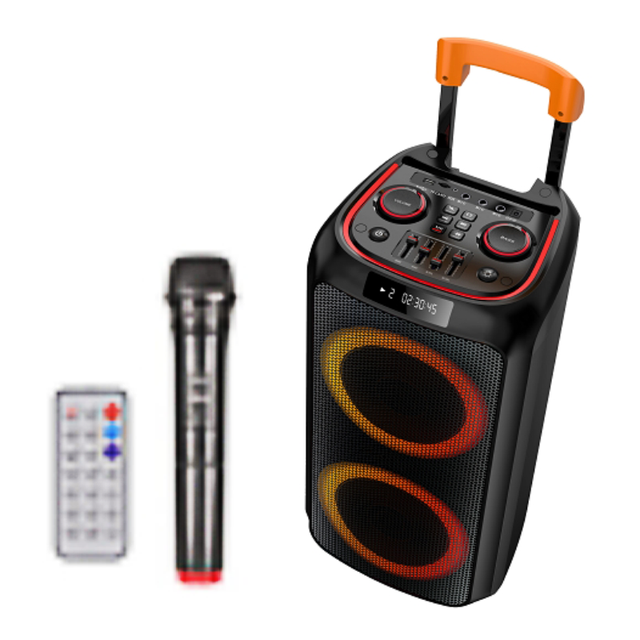 Dual 8 Inch Powerful Bass Party DJ Speaker with RGB Light and Subwoofer Battery Operated Plastic Cabinet Karaoke Speaker