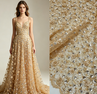 Premium Champagner-Gold 3D-Blumen Tüllspitze Luxuriöse Pailletten-Stickerei Netzspitze für Partykleider 2201
