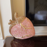 Tas Pesta Pria Berlian Pink Gradasi Baru, Tas Makan Malam Rantai Hati, Tas Makan Malam Kristal, Tas Clutch Berhias Berlian Imitasi, Dompet Pesta Mewah