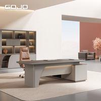 Bureau de direction moderne haut de gamme en forme de L avec éclairage LED, table de bureau en bois pour PDG, bureau commercial avec armoire de rangement