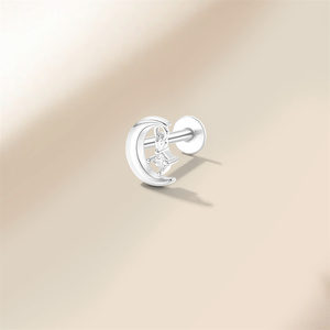 Piercing d'oreille unique en argent sterling 925, zircon lune, dos plat, pour cartilage et hélix - Product Image 5
