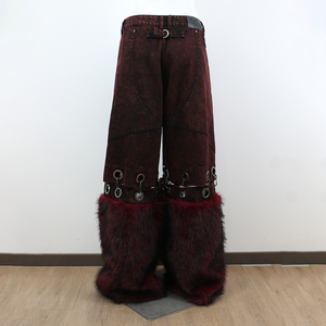 Top show DENIM pantaloni in Denim rosso scuro in DENIM eco-pelliccia polsini in metallo anelli Hardware unico Punk Gothic Street Fashion Jeans - Product Image 2