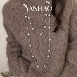 Collana lunga a strati di perle bianche a più strati stile coreano catena di felpe a catena maglione da donna - Product Image 1