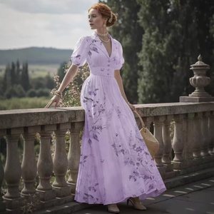 Robe longue d'été vintage pour femme, taille haute, imprimé floral, col en V, manches lanternes, coupe évasée - Product Image 5