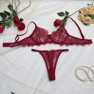 Ensemble de lingerie rouge en dentelle pour femme, soutien-gorge push-up à armatures et culotte, semi-transparent, style français, lingerie féminine OEM ODM - Product Image 6