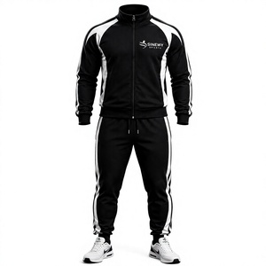 SINEWY SPORTS Men's <b>Black</b> Solid Printed 2 in 1 Tracksuit Full Zip Hoodie <b>Pants</b> Set Breathable Heavyweight Polyester/Cotton Blend - Product Image 1
