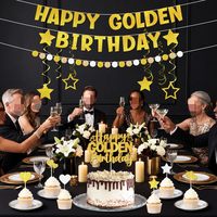 Guirlande de bannière d'anniversaire dorée scintillante, décorations de fête, spirales suspendues, décorations de gâteaux et cupcakes pour toile de fond d'anniversaire