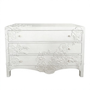 Cómoda de 3 cajones estilo francés con relieve floral, color blanco leche, hecha a mano, ecológica (Mueble de almacenamiento moderno de madera maciza estilo palacio retro para sala de estar) - Product Image 3