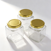 Grosir Kaleng Segel Madu Selai 180ml 380ml 500ml, Botol Madu Kosong Kaca Transparan Heksagonal Persegi dengan Tutup