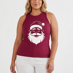 Camiseta sin mangas de punto vintage para mujer, con logo frontal, de algodón suave y transpirable, para verano, OEM, venta al por mayor, ropa casual de moda, Navidad, Papá Noel - Product Image 1