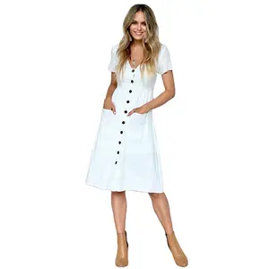 European and American Cross-border Fashion V-neck Button Waist Pocket Long Dress Women Casual Solid Color Short Sleeved Dress