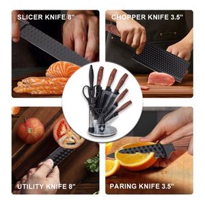Popular 9pcs Non-Stick Coating Stainless Steel <b>Kitchen</b> Chef Knife Set Paring Knives with Sharpener <b>Scissor</b> and Rotating Stand - Product Image 4