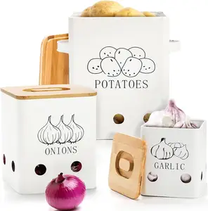 Vegetable Storage Tins, Metal Onion Garlic Potato Jars Set, Kitchen Canisters Vegetable Keeper Containers with Wooden Lid