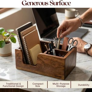Wooden Desktop Organizer Box Square <b>Solid</b> <b>Wood</b> Office Stationery Storage With Compartments For <b>Desk</b> Use - Product Image 3