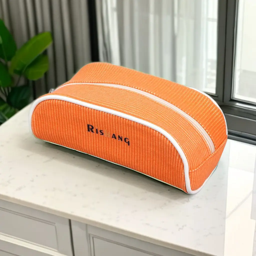 Orange professional RPET makeup organizer bag Portable cosmetic brush bag woven straw beauty cosmetic make up toiletry pouch