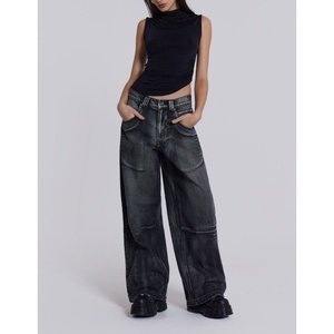 Jean baggy décontracté Y2K pour femme, imprimé grandes ailes, coupe large, en denim mélangé coton, délavage vintage, effet usé, vente en gros - Product Image 2