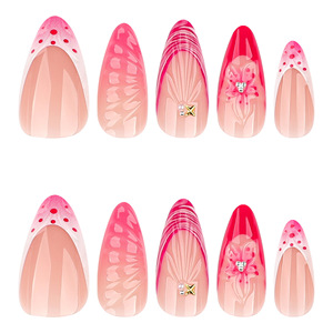 Faux ongles à presser 3D floraux de style français, courts, en forme d'amande, scintillants et pré-dessinés, prêts à poser - Product Image 5