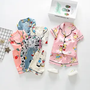 Girls and boys cartoon animal cardigan pajamas ice silk short-sleeved shorts sleepwear nightdress children's home clothes